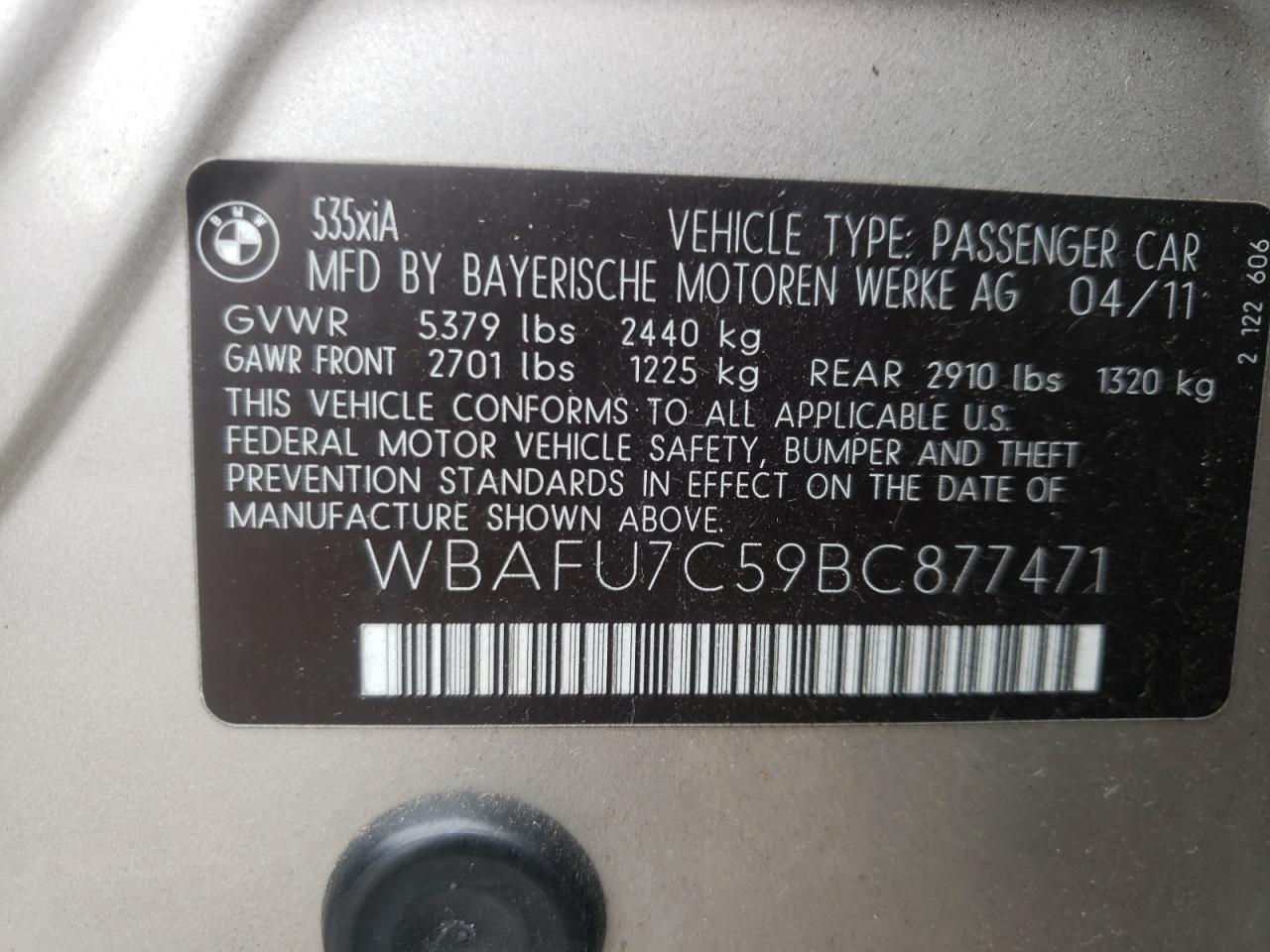 Photo 10 from auction – 2011 BMW 535 XI with VIN WBAFU7C59BC877471