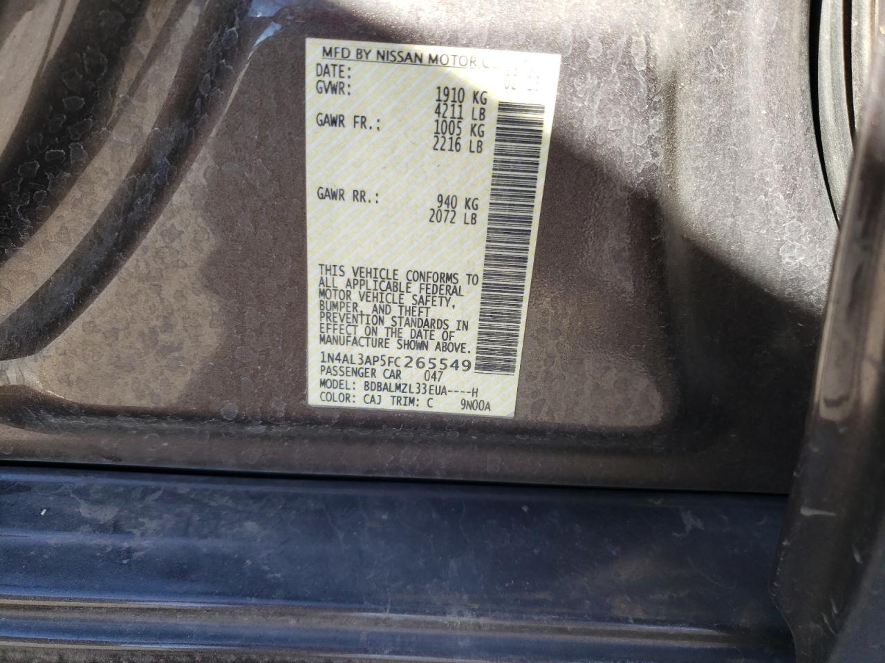 Photo 10 from auction – 2015 NISSAN ALTIMA 2.5 with VIN 1N4AL3AP5FC265549