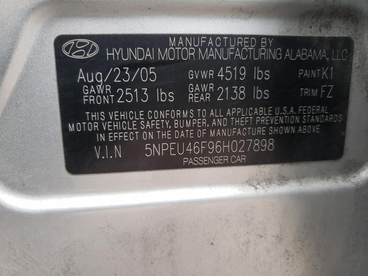Photo 10 from auction – 2006 HYUNDAI SONATA GLS with VIN 5NPEU46F96H027898
