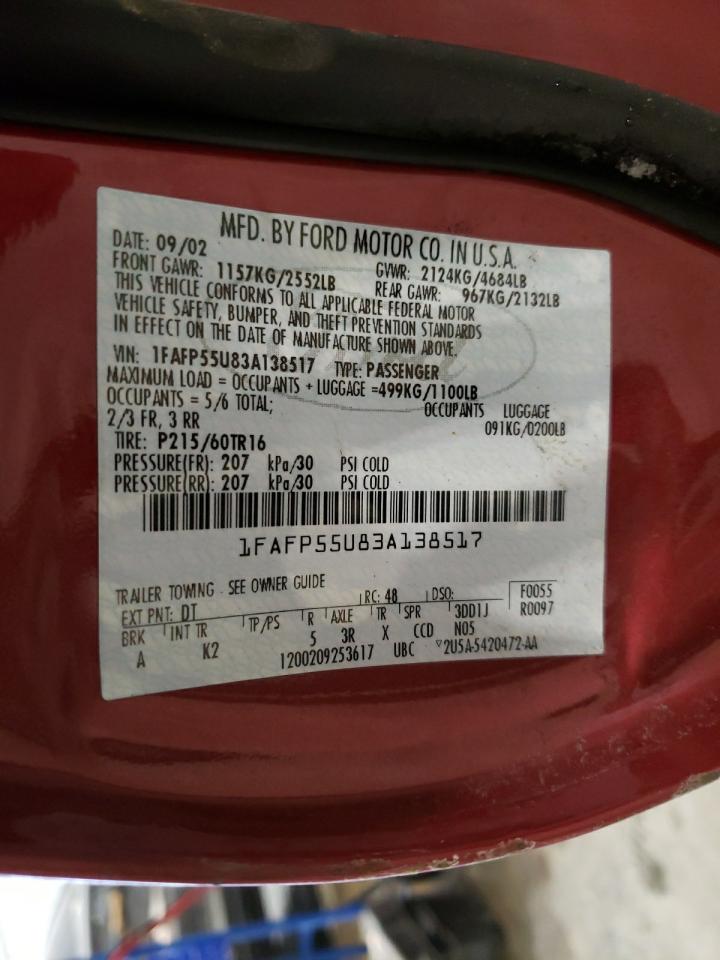 Photo 10 from auction – 2003 FORD TAURUS SES with VIN 1FAFP55U83A138517