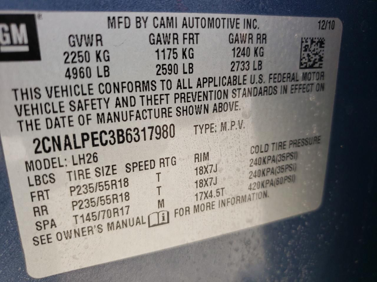 Zdjęcie 10 z aukcji – 2011 CHEVROLET EQUINOX LT z VIN 2CNALPEC3B6317980