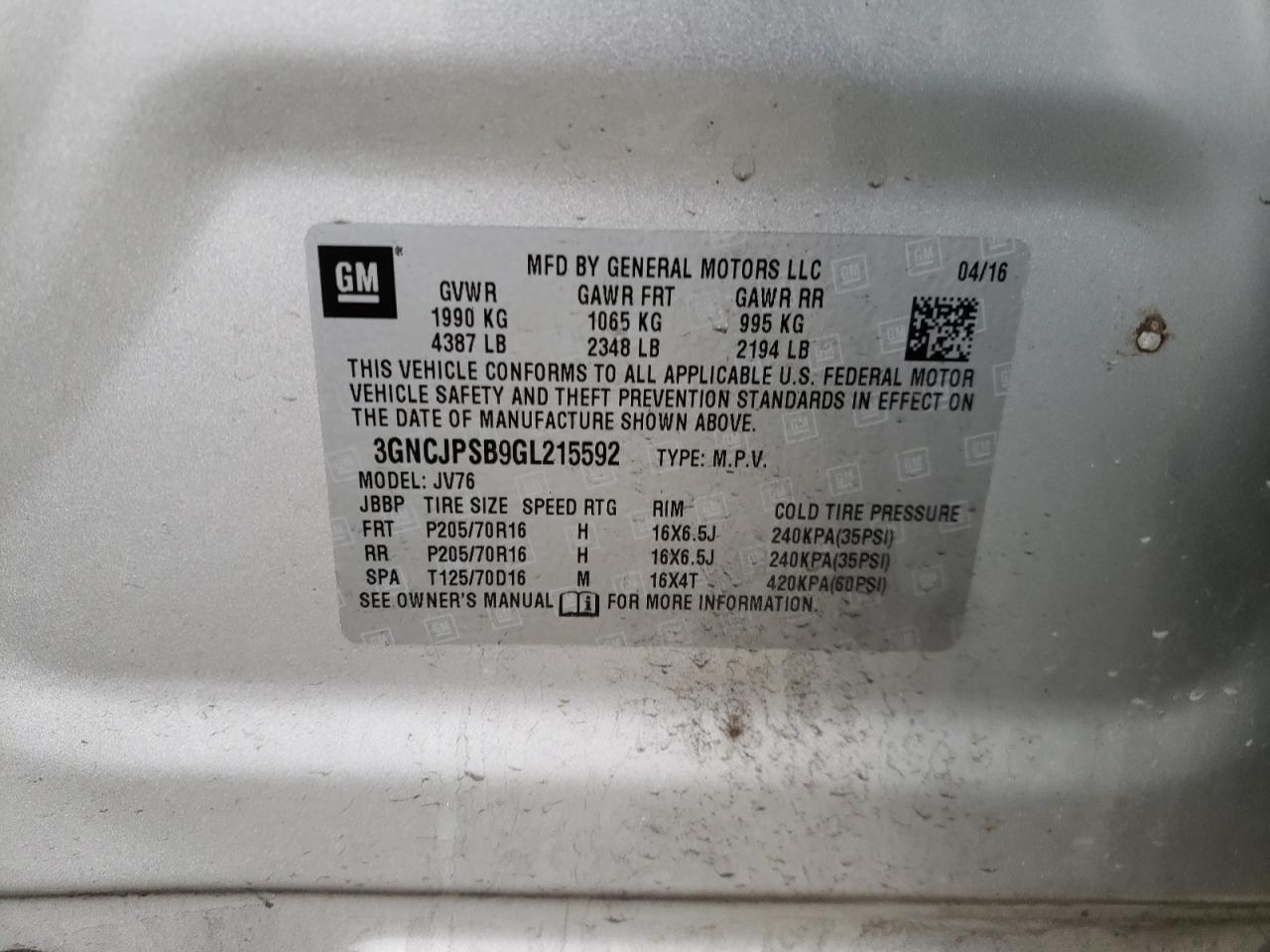 Photo 10 from auction – 2016 CHEVROLET TRAX 1LT with VIN 3GNCJPSB9GL215592