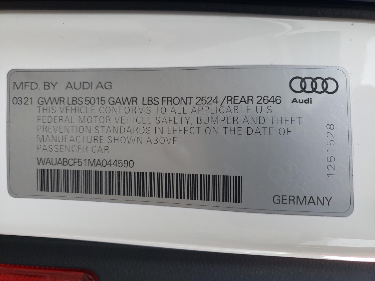 Photo 10 from auction – 2021 AUDI A5 PREMIUM with VIN WAUABCF51MA044590