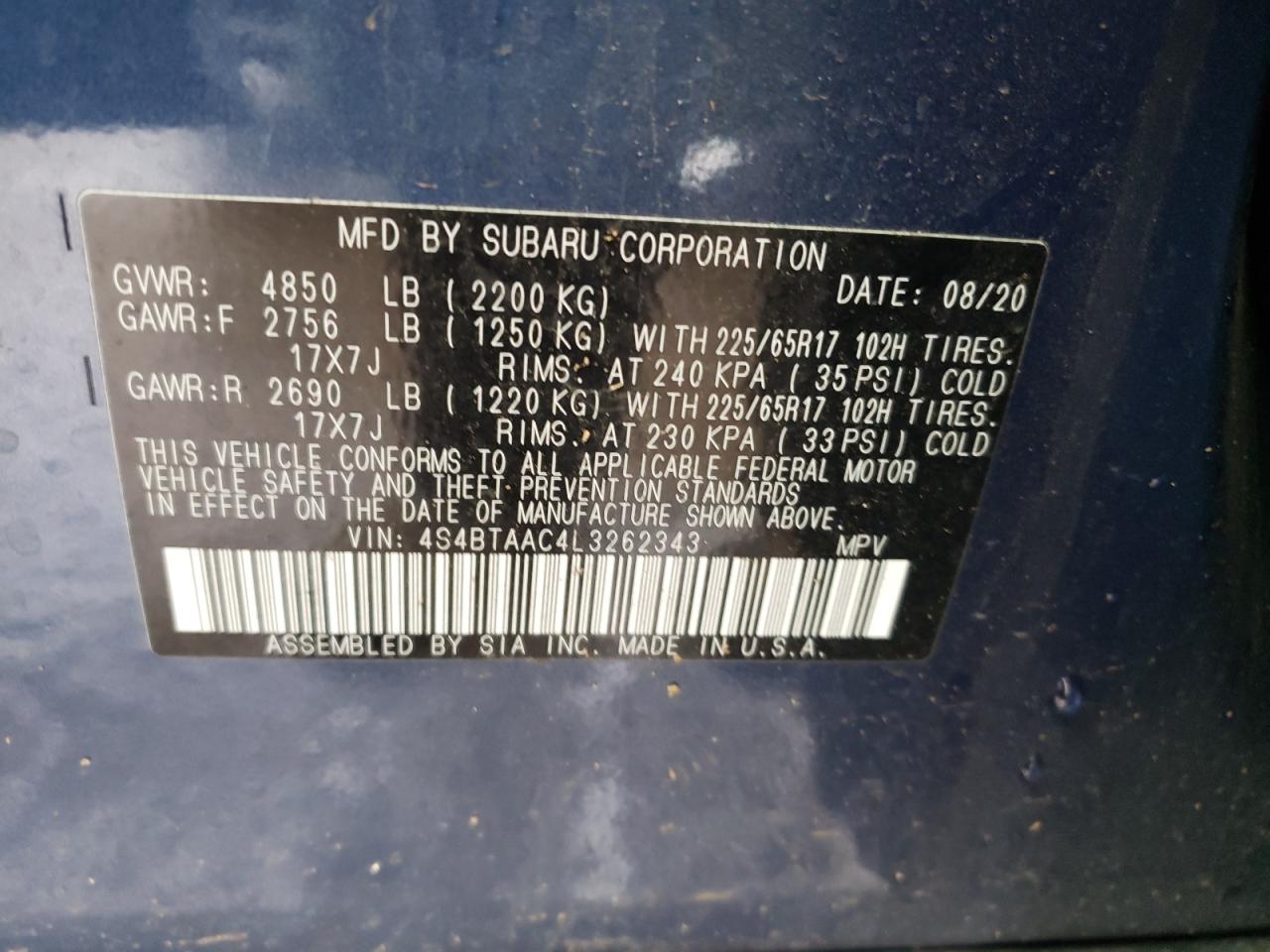 Photo 10 from auction – 2020 SUBARU OUTBACK with VIN 4S4BTAAC4L3262343