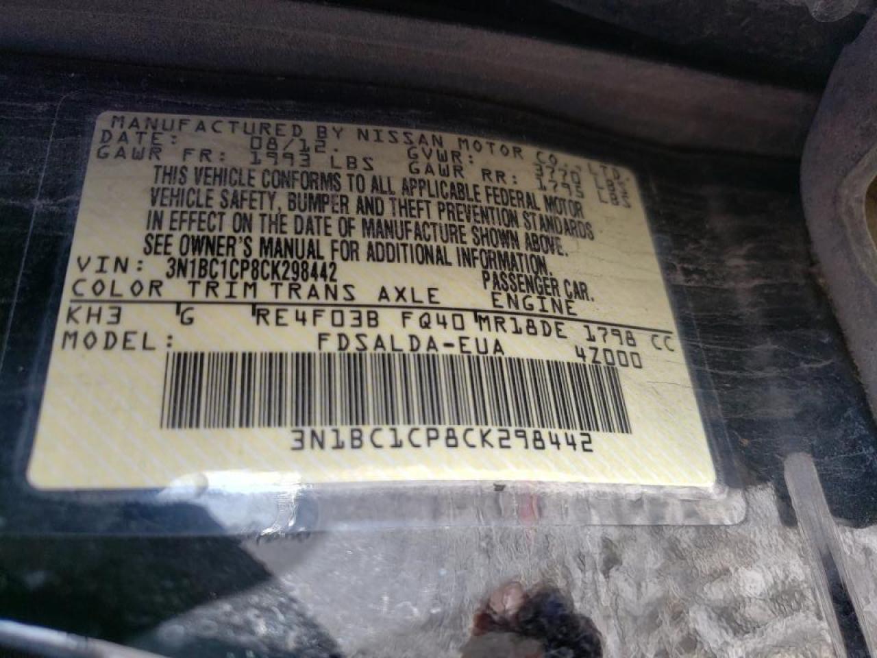 Photo 10 from auction – 2012 NISSAN VERSA S with VIN 3N1BC1CP8CK298442