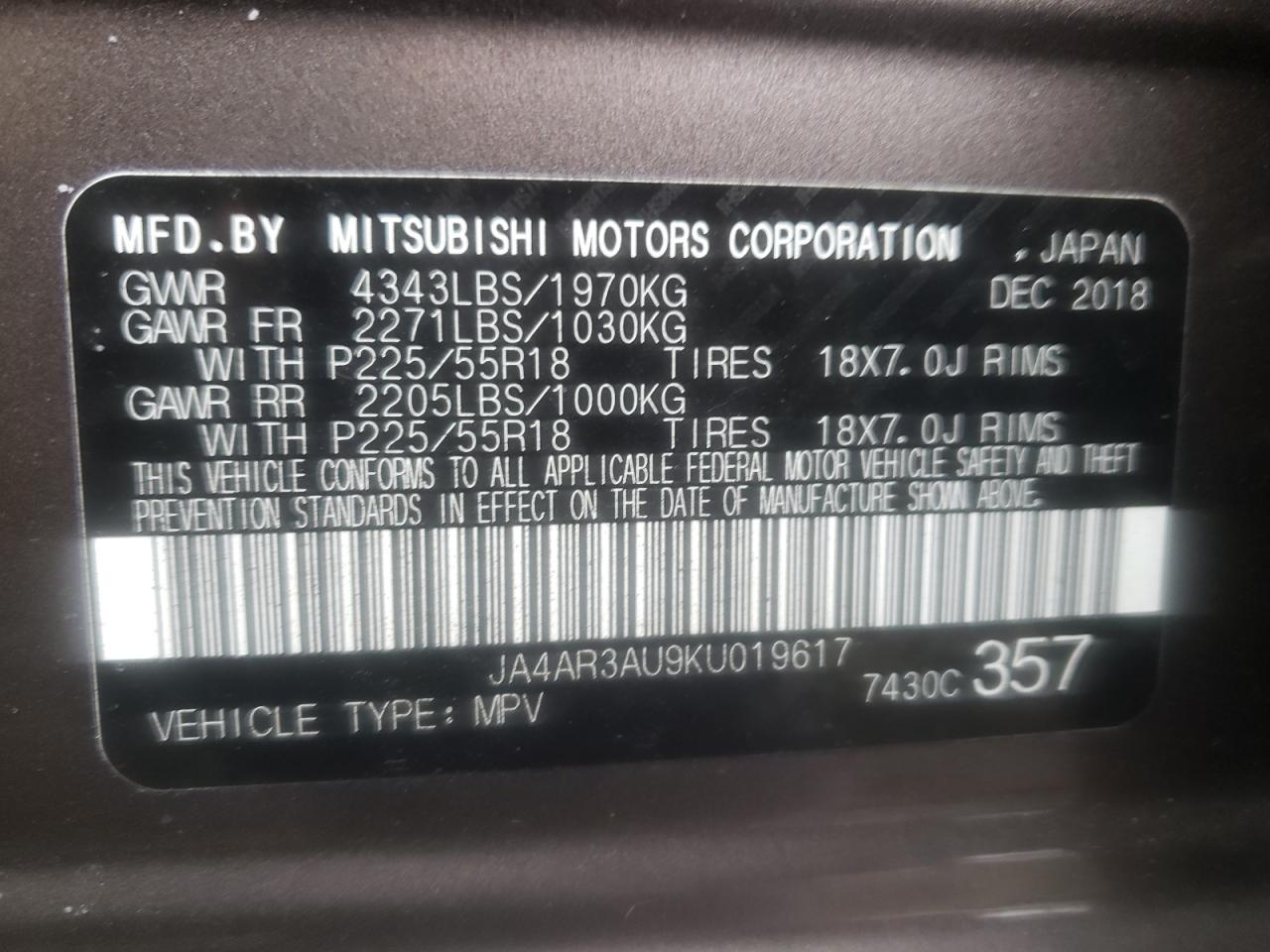 Photo 10 from auction – 2019 MITSUBISHI OUTLANDER with VIN JA4AR3AU9KU019617