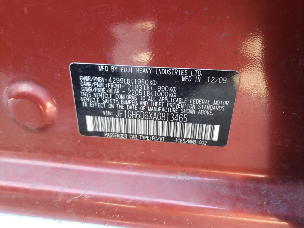 Photo 10 from auction – 2010 SUBARU IMPREZA OU with VIN JF1GH6D6XAG813465
