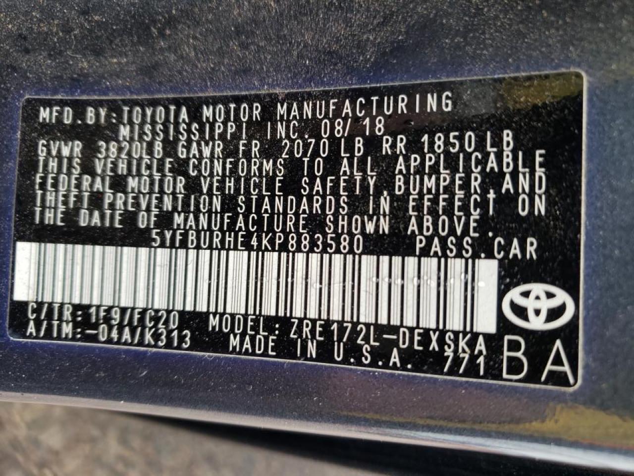 Photo 10 from auction – 2019 TOYOTA COROLLA L with VIN 5YFBURHE4KP883580