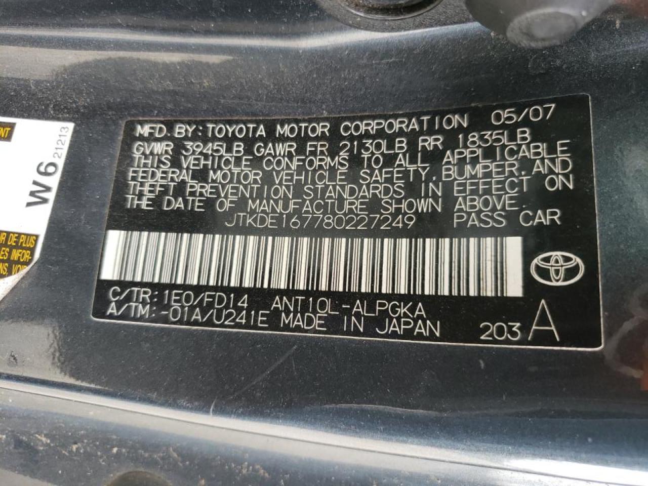 Photo 10 from auction – 2008 SCION TC with VIN JTKDE167780227249