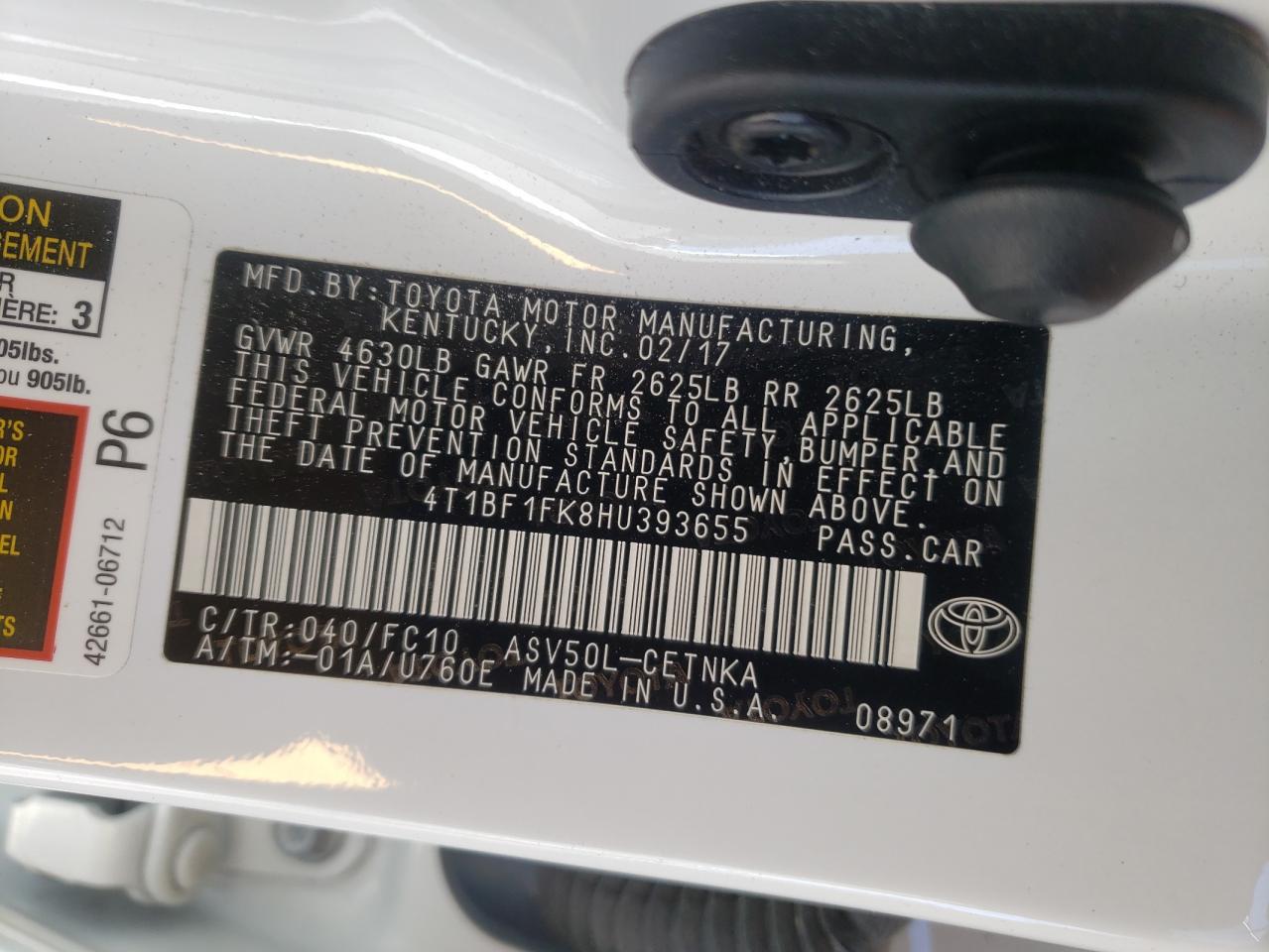 Photo 10 from auction – 2017 TOYOTA CAMRY LE with VIN 4T1BF1FK8HU393655