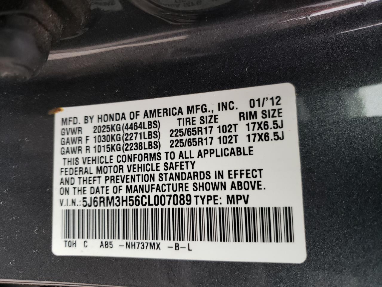 Photo 10 from auction – 2012 HONDA CR-V EX with VIN 5J6RM3H56CL007089