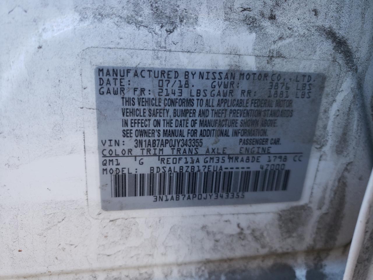 Photo 10 from auction – 2018 NISSAN SENTRA with VIN 3N1AB7AP0JY343355