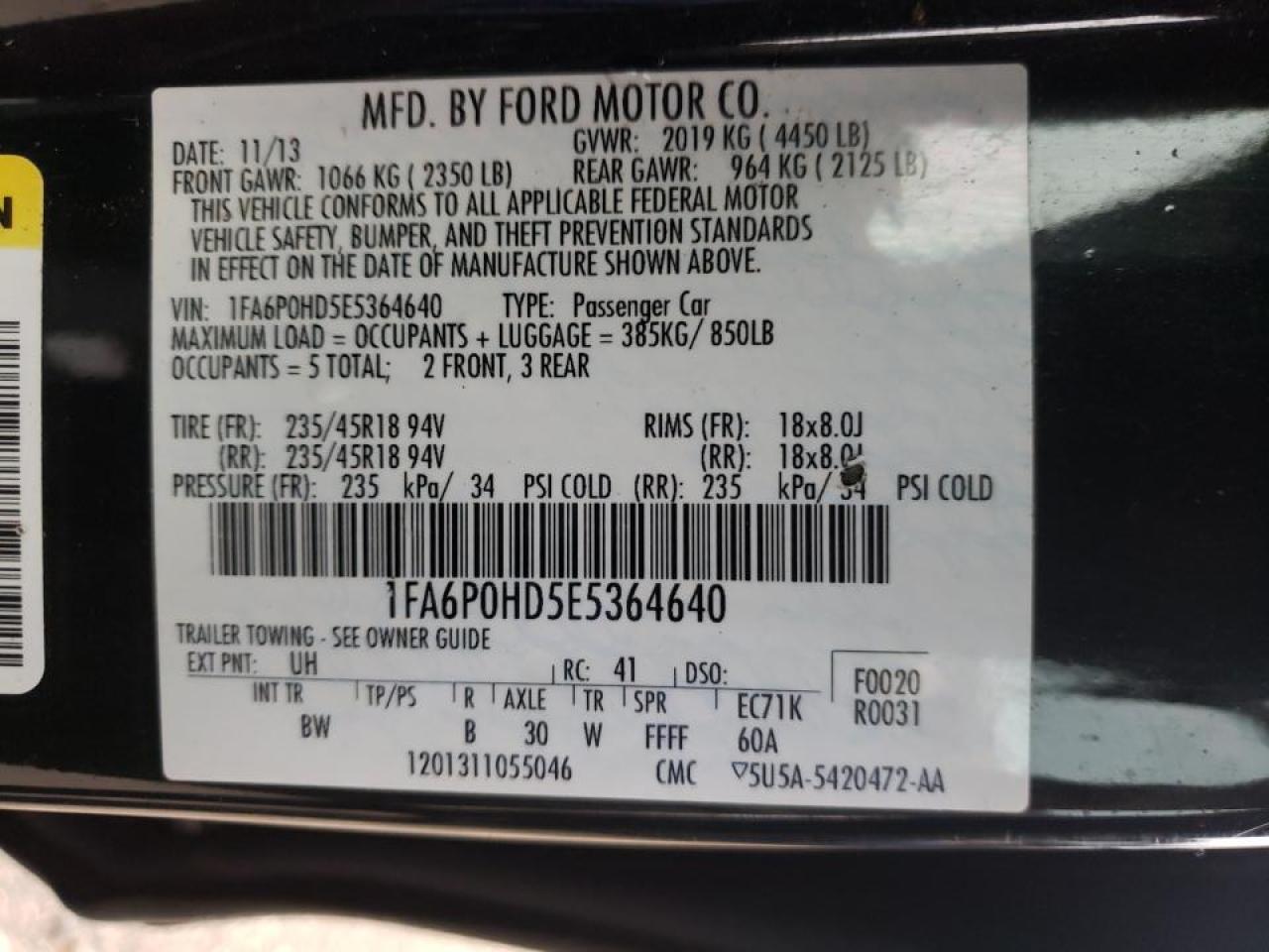 Photo 10 from auction – 2014 FORD FUSION SE with VIN 1FA6P0HD5E5364640