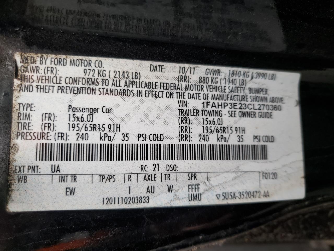 Photo 10 from auction – 2012 FORD FOCUS S with VIN 1FAHP3E23CL270360