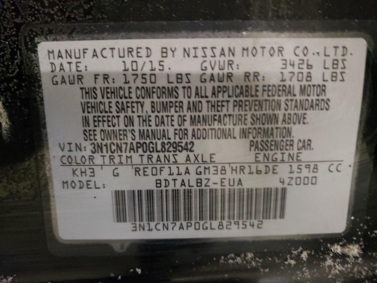 Photo 10 from auction – 2016 NISSAN VERSA S with VIN 3N1CN7AP0GL829542