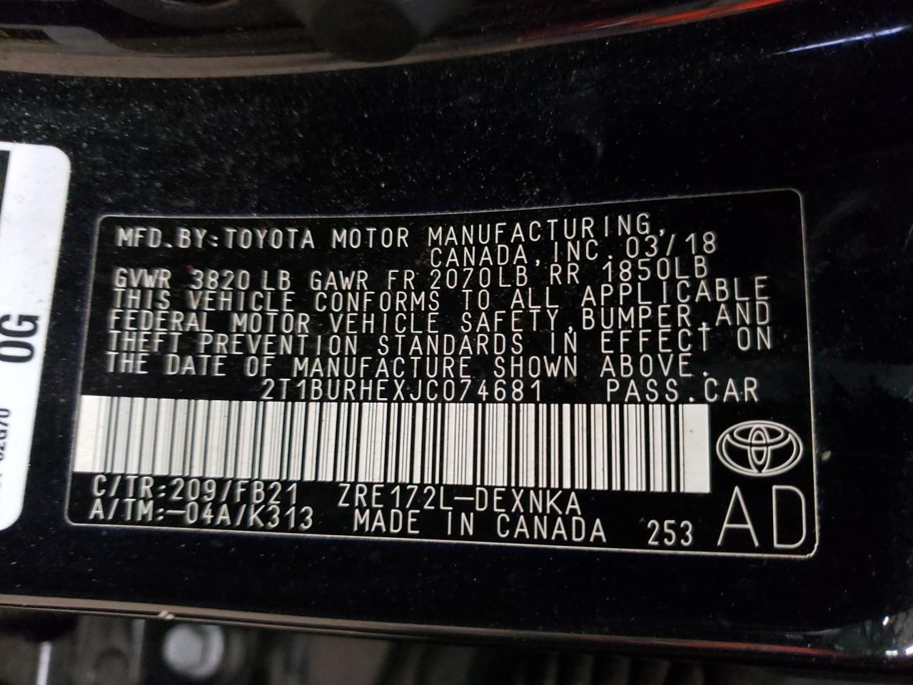 Photo 10 from auction – 2018 TOYOTA COROLLA L with VIN 2T1BURHEXJC074681