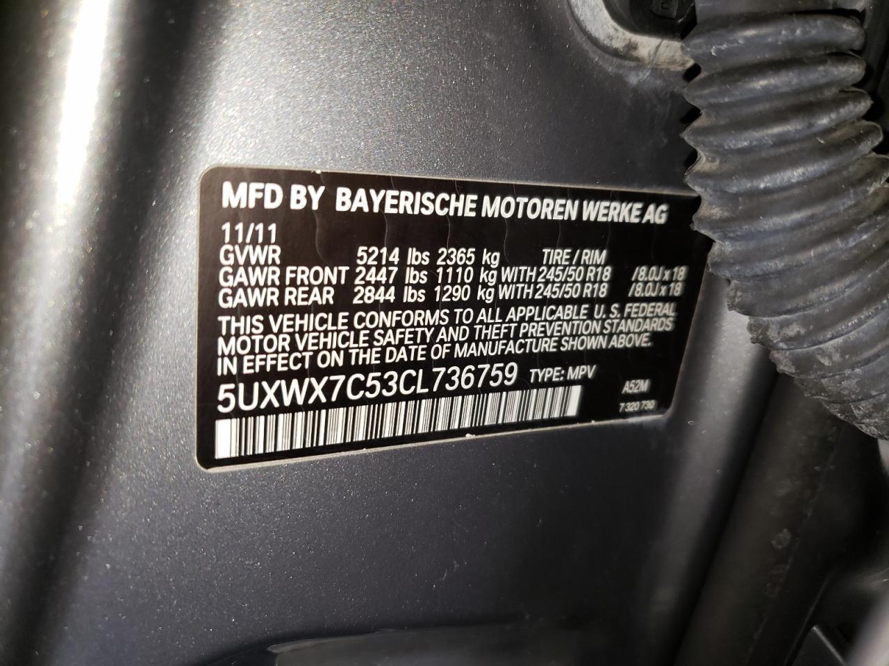 Photo 10 from auction – 2012 BMW X3 XDRIVE3 with VIN 5UXWX7C53CL736759
