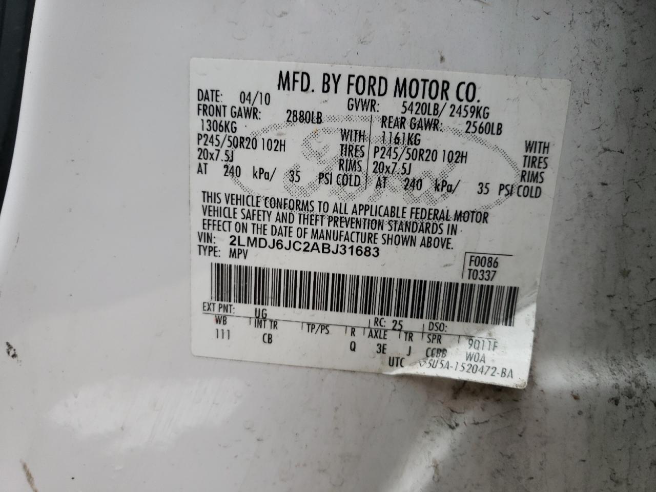 Zdjęcie 10 z aukcji – 2010 LINCOLN MKX z VIN 2LMDJ6JC2ABJ31683