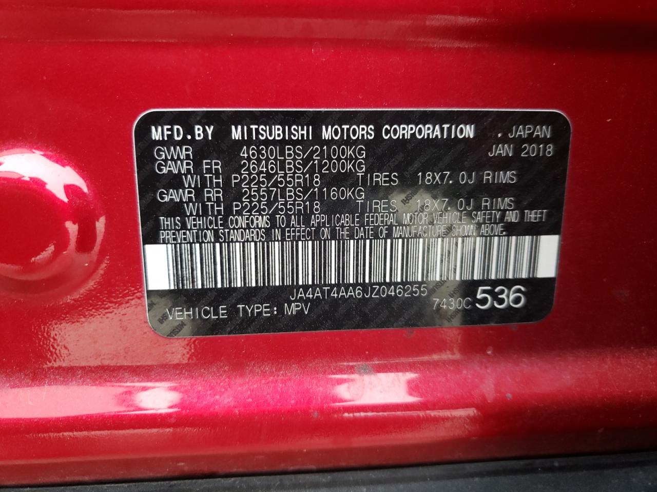 Photo 10 from auction – 2018 MITSUBISHI ECLIPSE CR with VIN JA4AT4AA6JZ046255