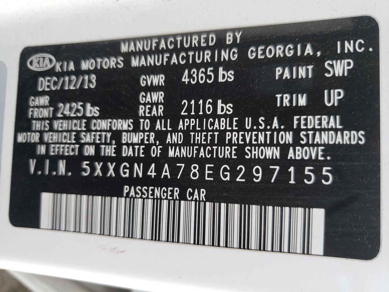 Photo 10 from auction – 2014 KIA OPTIMA EX with VIN 5XXGN4A78EG297155