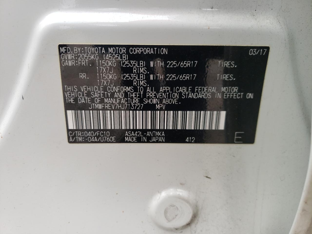 Photo 10 from auction – 2017 TOYOTA RAV4 XLE with VIN JTMWFREV7HJ713727