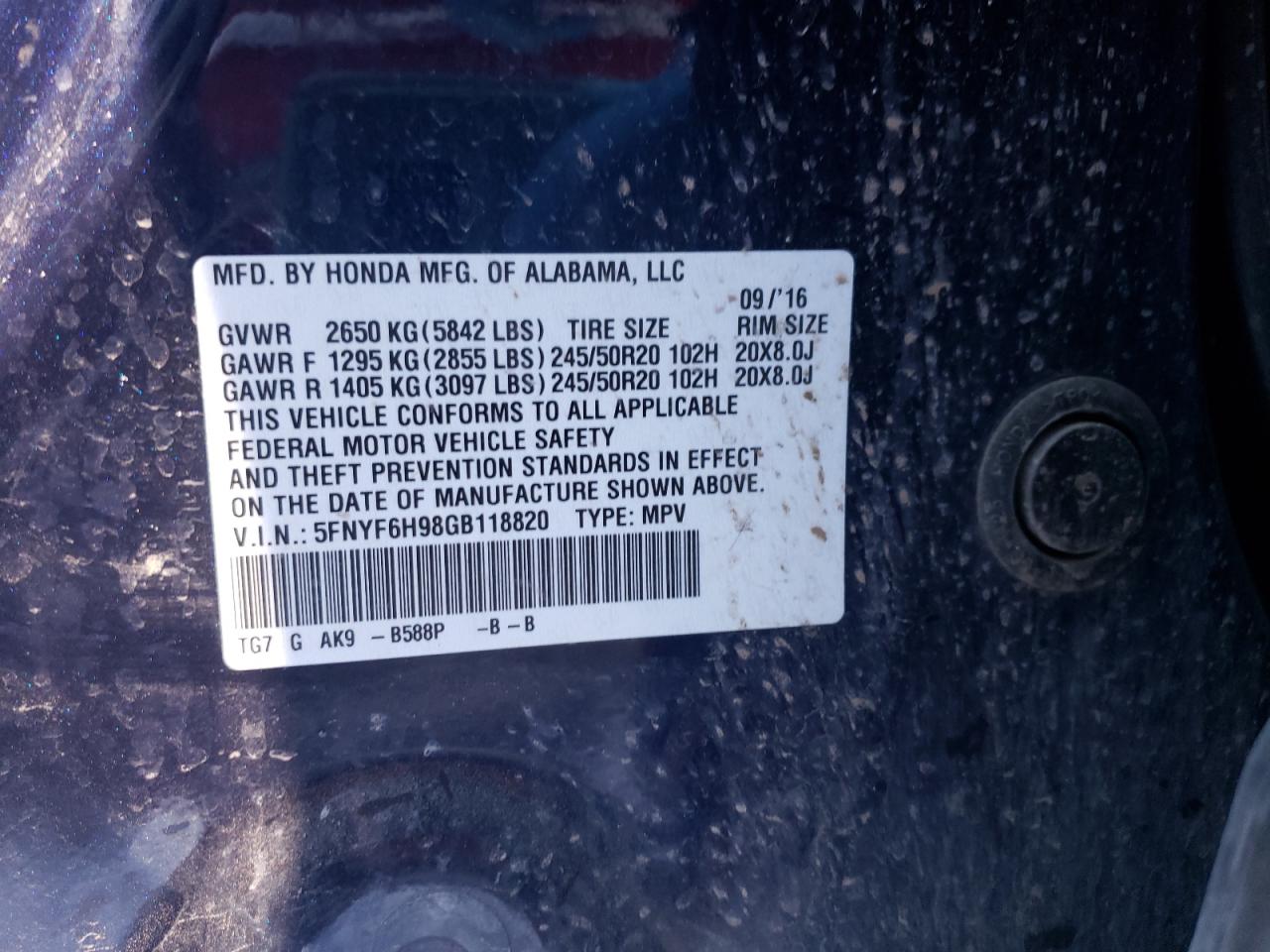 Photo 10 from auction – 2016 HONDA PILOT TOUR with VIN 5FNYF6H98GB118820