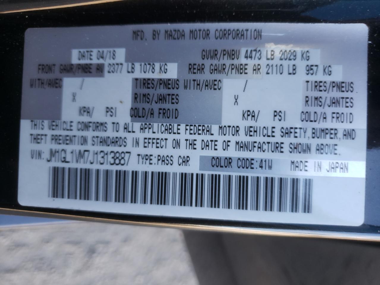Photo 10 from auction – 2018 MAZDA 6 TOURING with VIN JM1GL1VM7J1313887