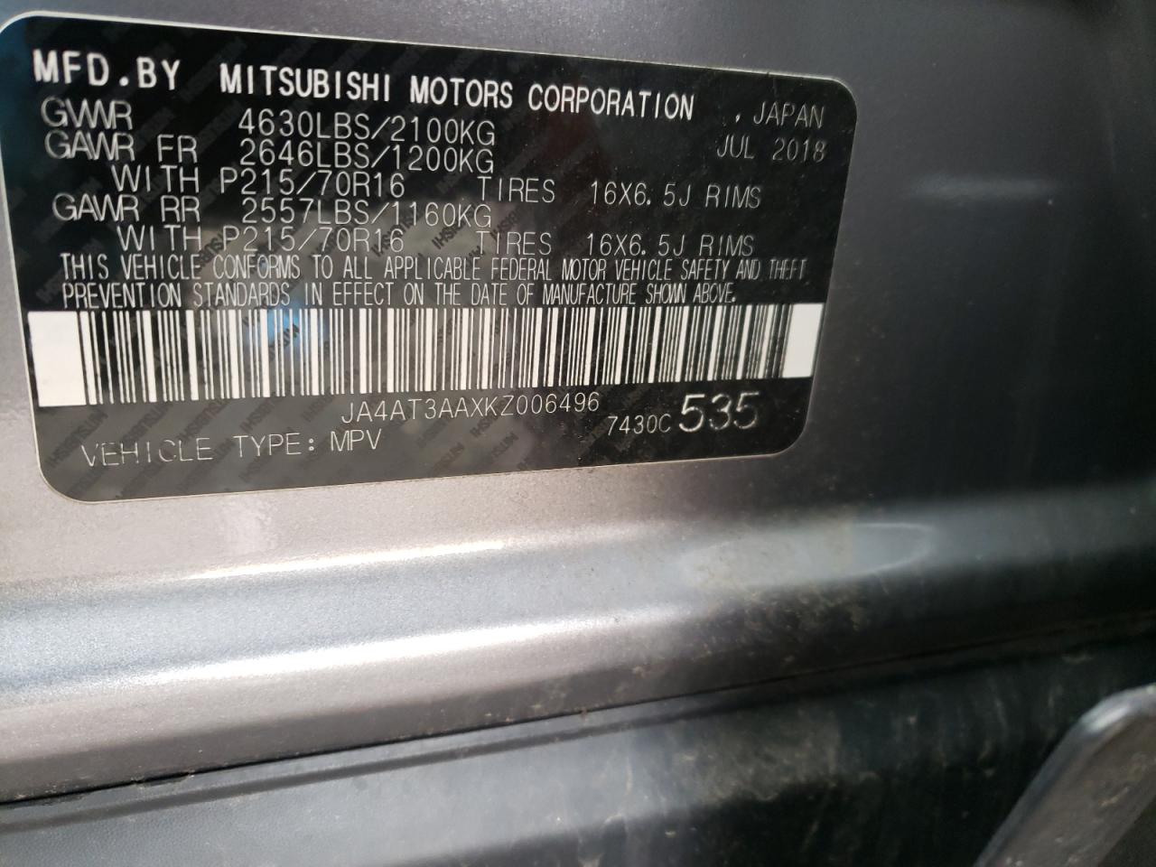 Photo 10 from auction – 2019 MITSUBISHI ECLIPSE CR with VIN JA4AT3AAXKZ006496