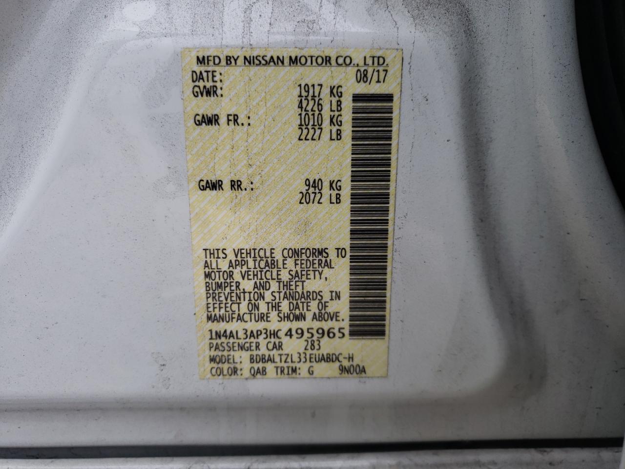 Photo 10 from auction – 2017 NISSAN ALTIMA 2.5 with VIN 1N4AL3AP3HC495965