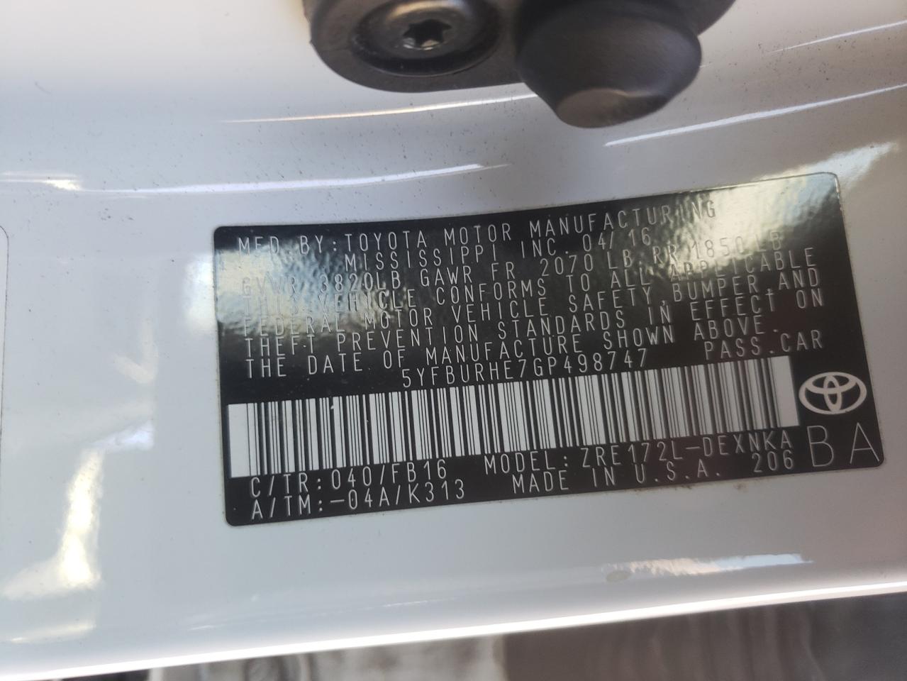 Photo 10 from auction – 2016 TOYOTA COROLLA L with VIN 5YFBURHE7GP498747