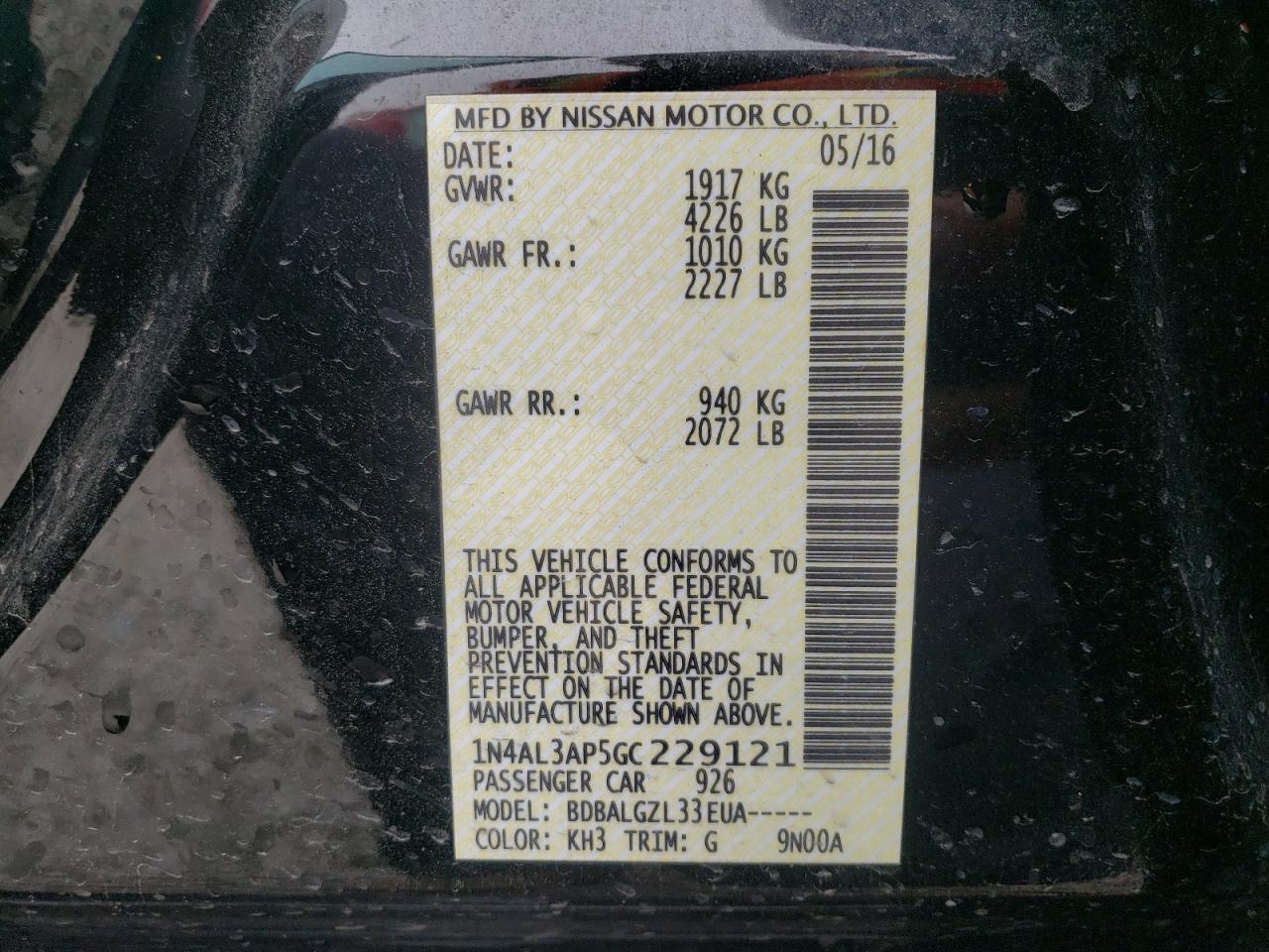 Photo 10 from auction – 2016 NISSAN ALTIMA 2.5 with VIN 1N4AL3AP5GC229121