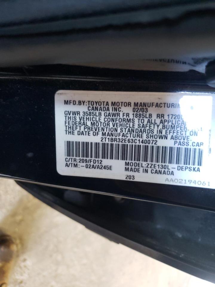 Photo 10 from auction – 2003 TOYOTA COROLLA CE with VIN 2T1BR32E63C140072