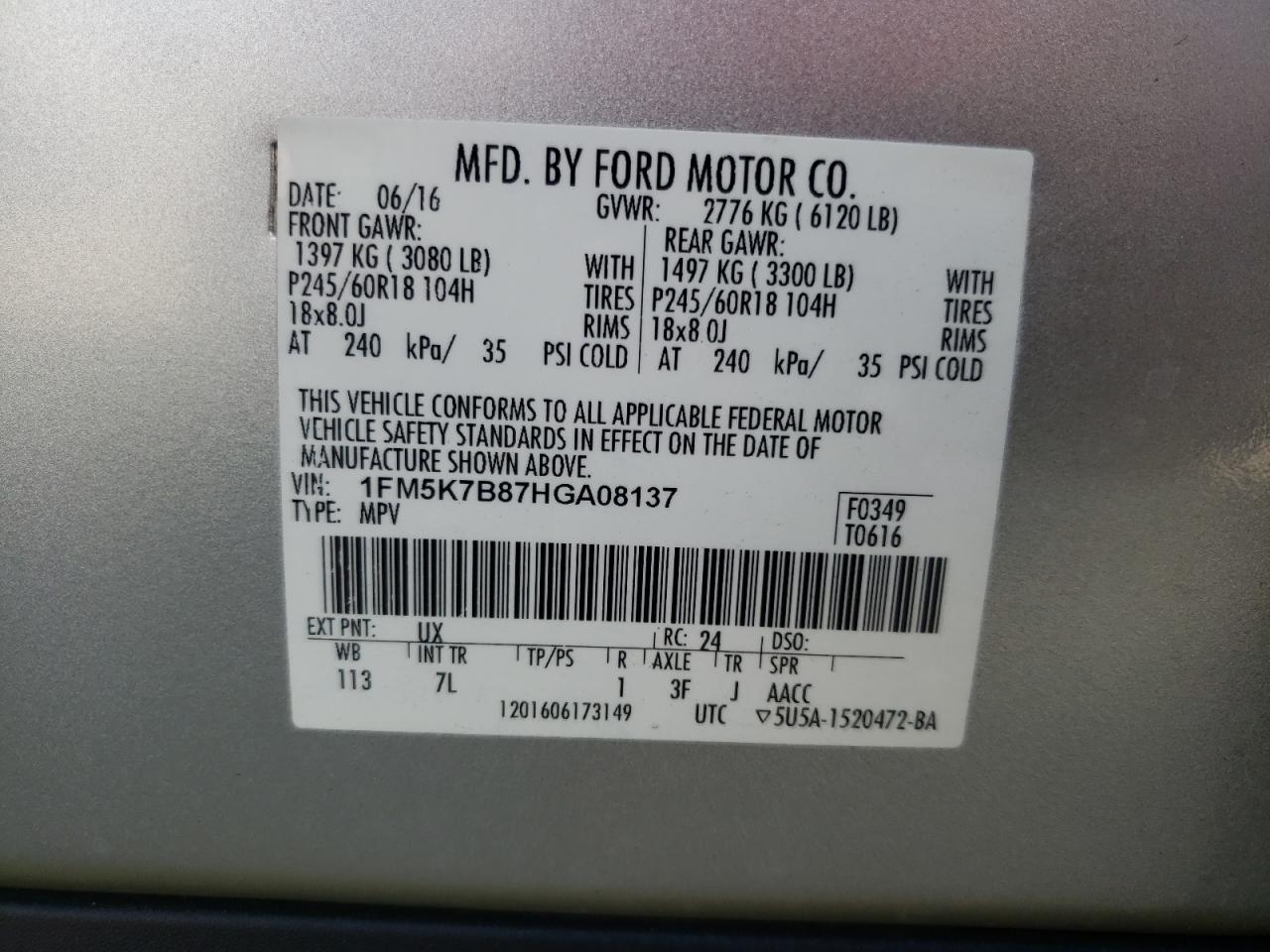 Photo 10 from auction – 2017 FORD EXPLORER with VIN 1FM5K7B87HGA08137