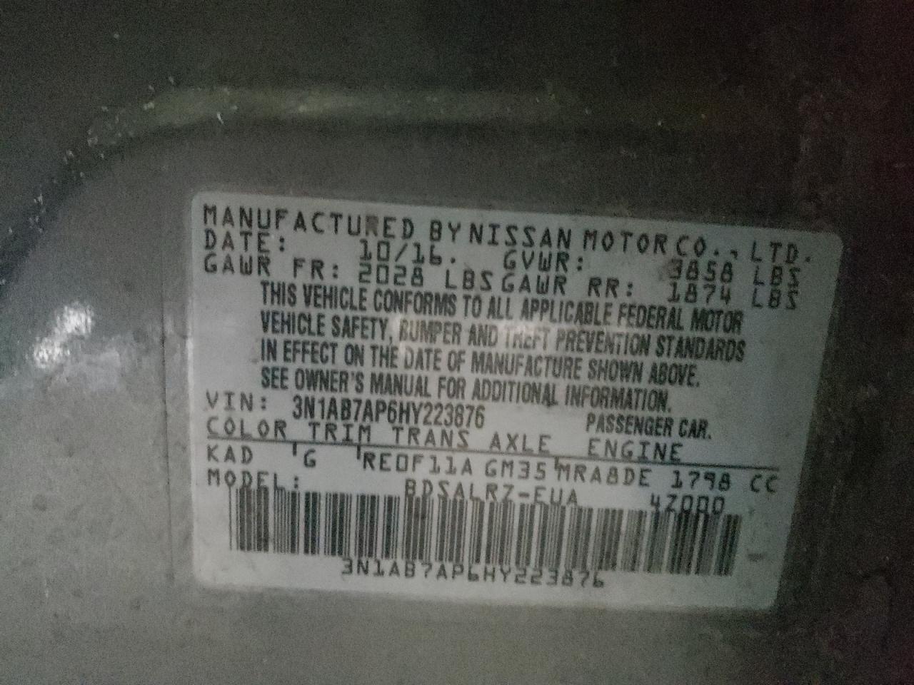 Photo 10 from auction – 2017 NISSAN SENTRA S with VIN 3N1AB7AP6HY223876