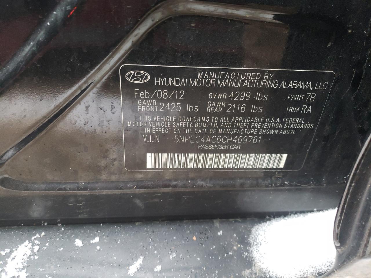 Photo 10 from auction – 2012 HYUNDAI SONATA SE with VIN 5NPEC4AC6CH469761