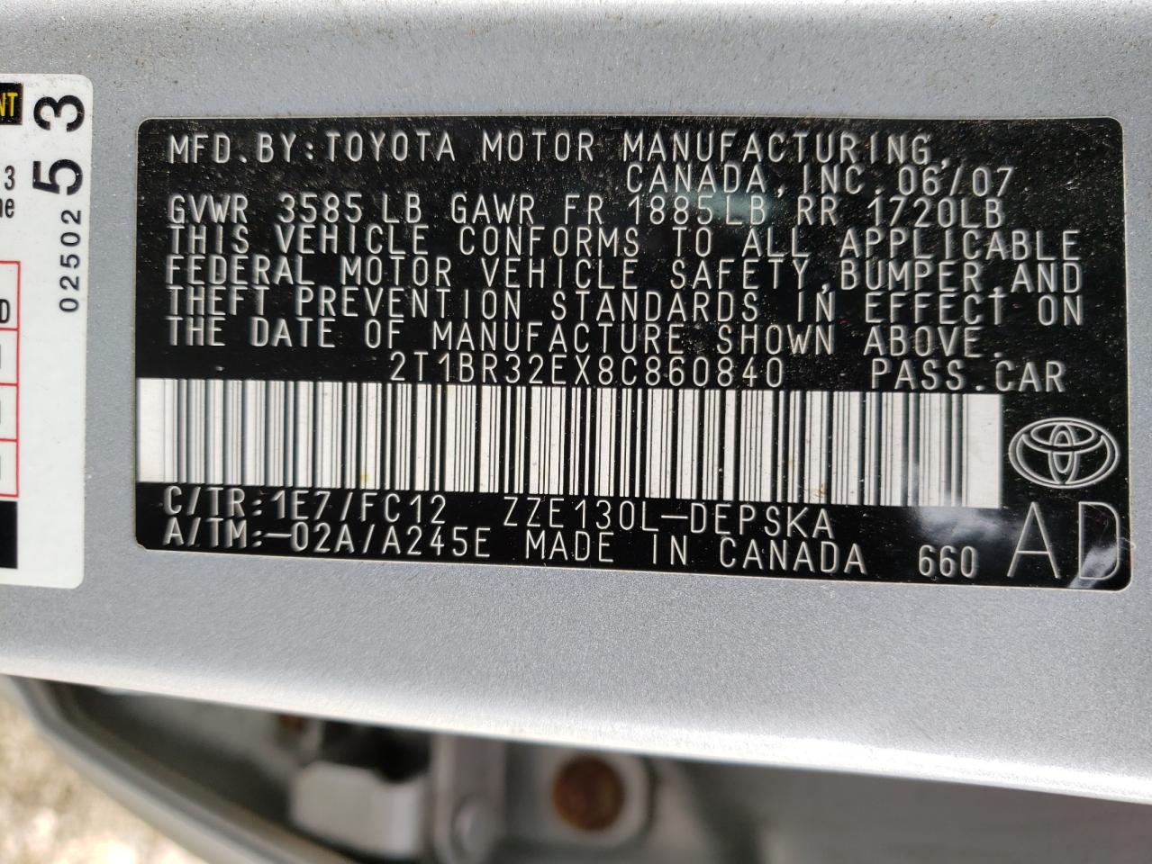Photo 10 from auction – 2008 TOYOTA COROLLA CE with VIN 2T1BR32EX8C860840