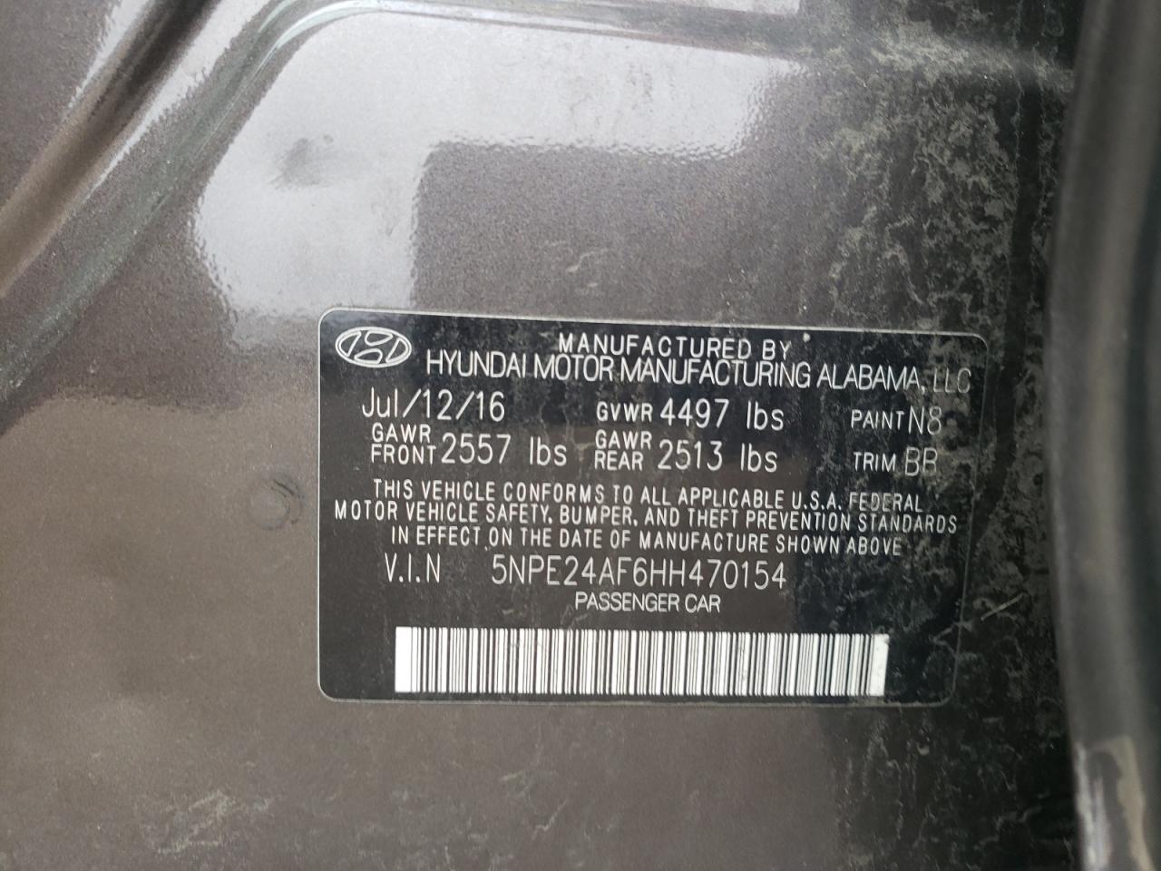 Photo 10 from auction – 2017 HYUNDAI SONATA SE with VIN 5NPE24AF6HH470154