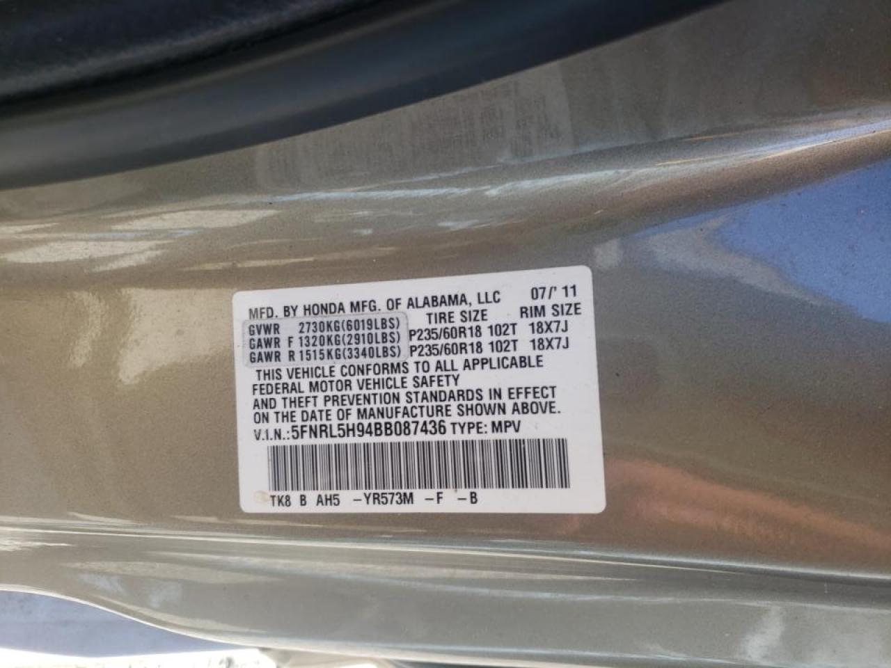 Photo 10 from auction – 2011 HONDA ODYSSEY TO with VIN 5FNRL5H94BB087436