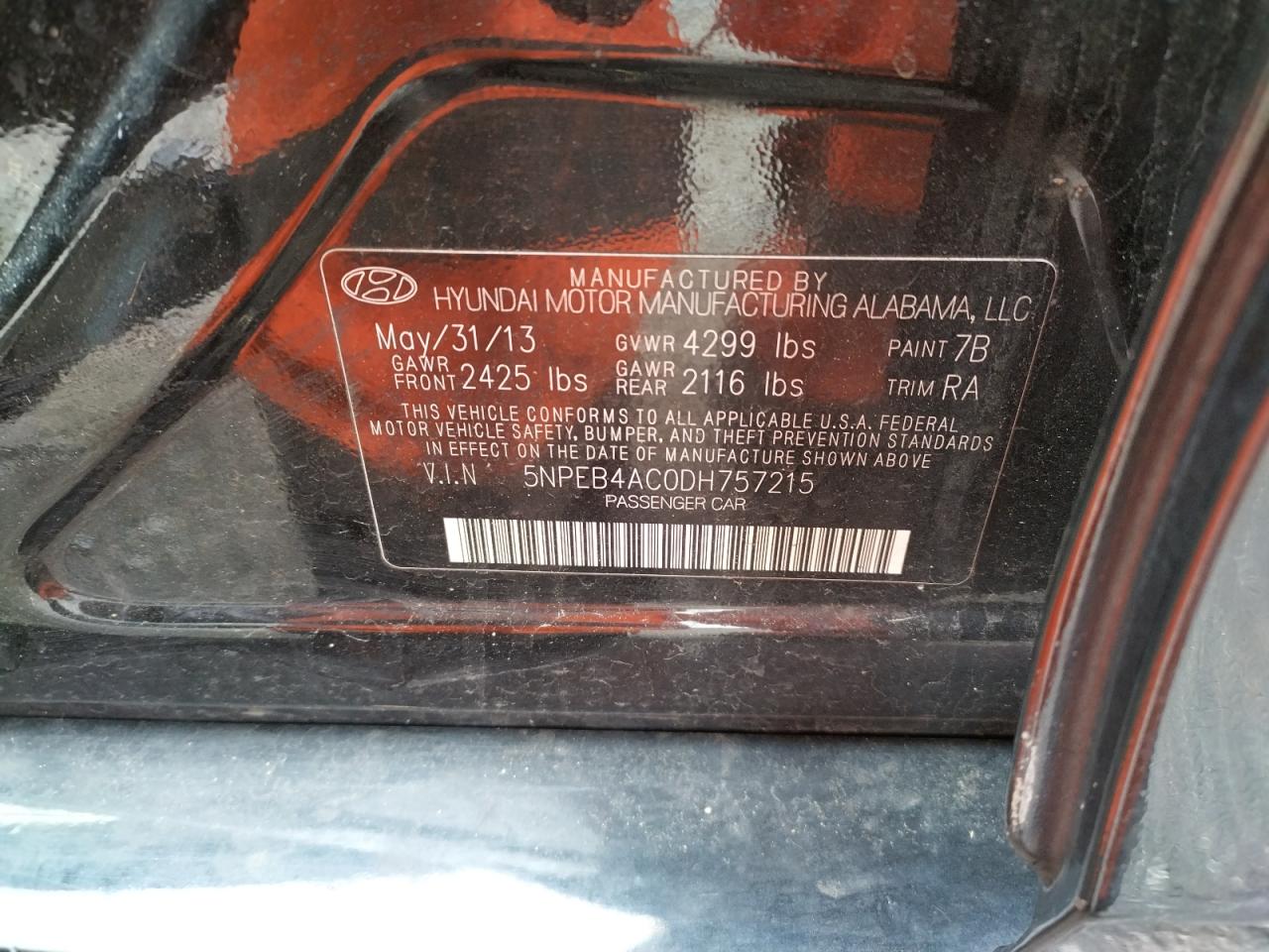 Photo 10 from auction – 2013 HYUNDAI SONATA GLS with VIN 5NPEB4AC0DH757215