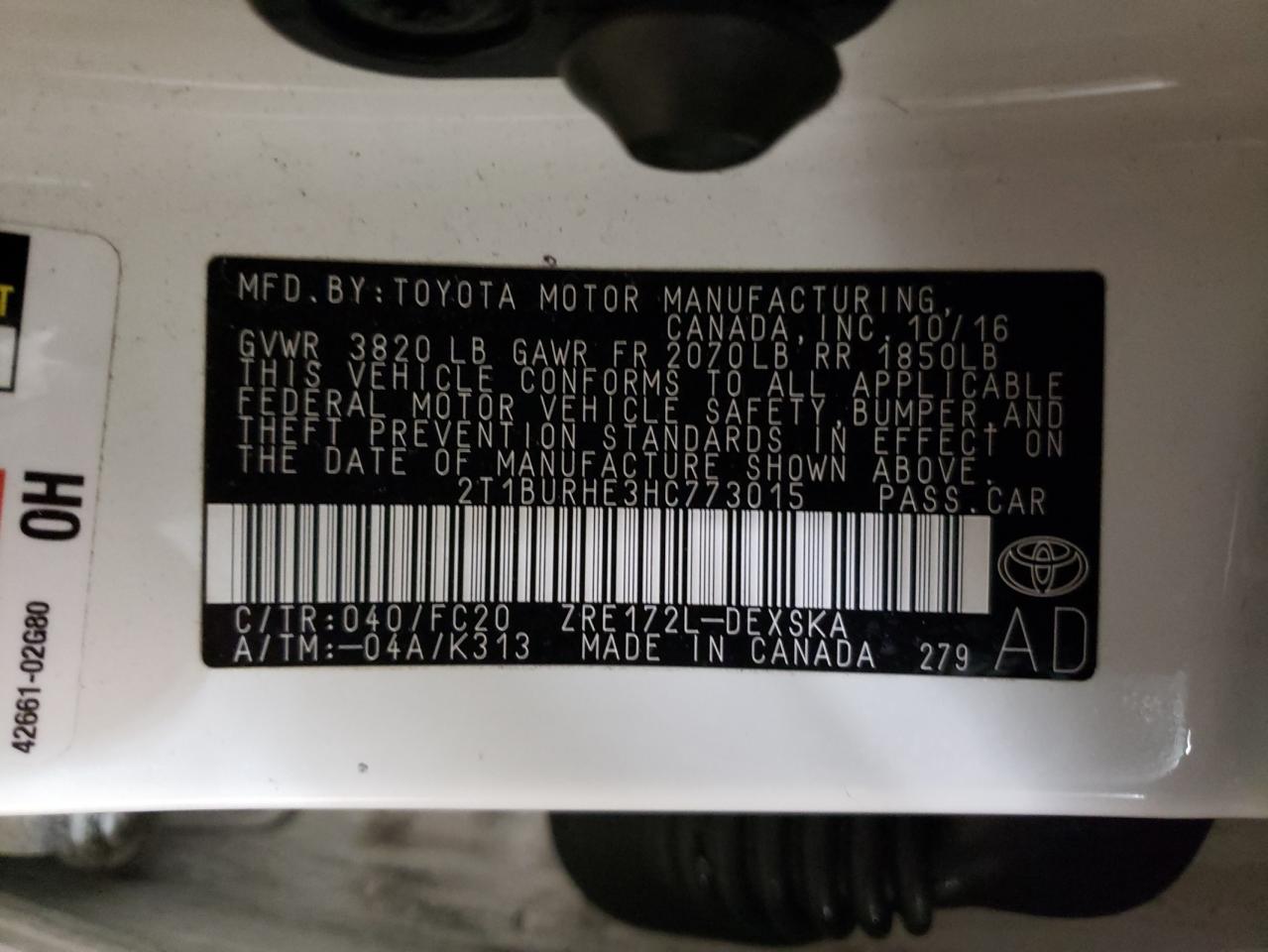 Photo 10 from auction – 2017 TOYOTA COROLLA L with VIN 2T1BURHE3HC773015