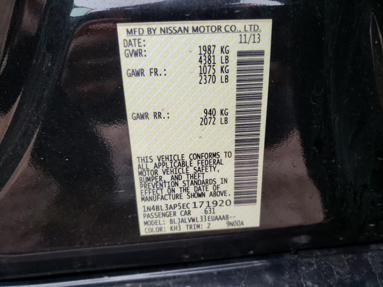Photo 10 from auction – 2014 NISSAN ALTIMA 3.5 with VIN 1N4BL3AP5EC171920