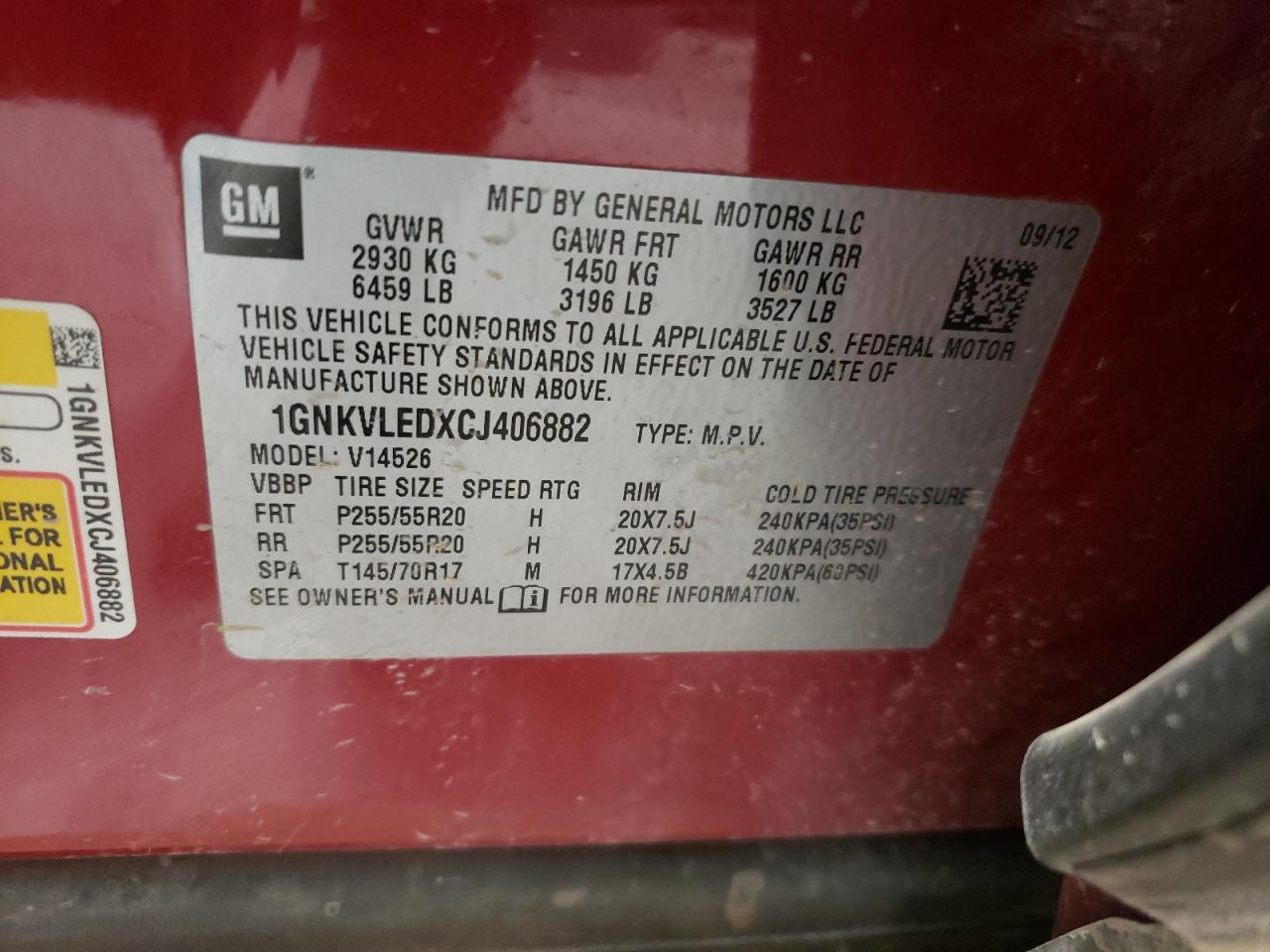 Photo 10 from auction – 2012 CHEVROLET TRAVERSE L with VIN 1GNKVLEDXCJ406882