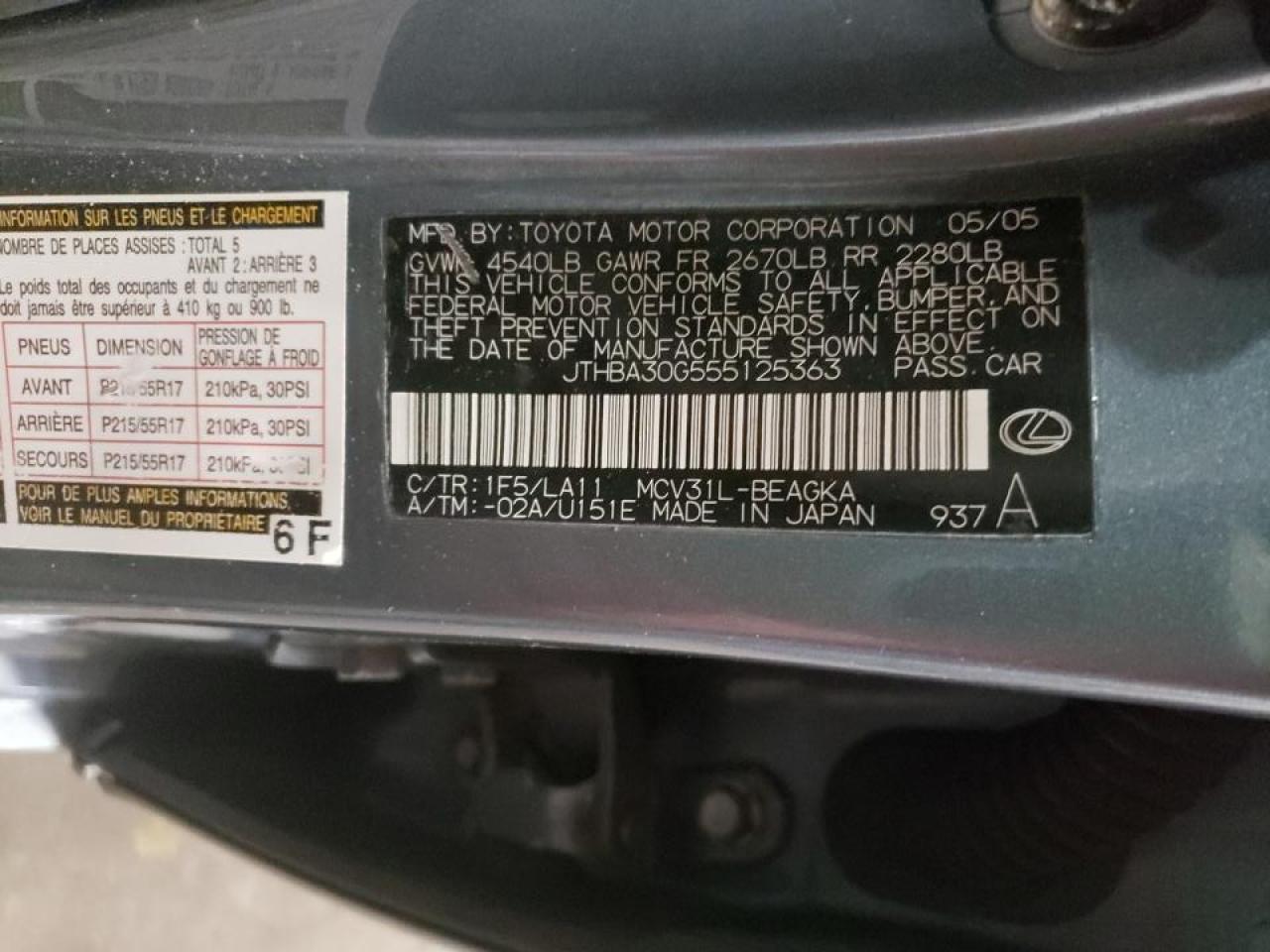 Foto 10 de la subasta – 2005 LEXUS ES 330 con VIN JTHBA30G555125363