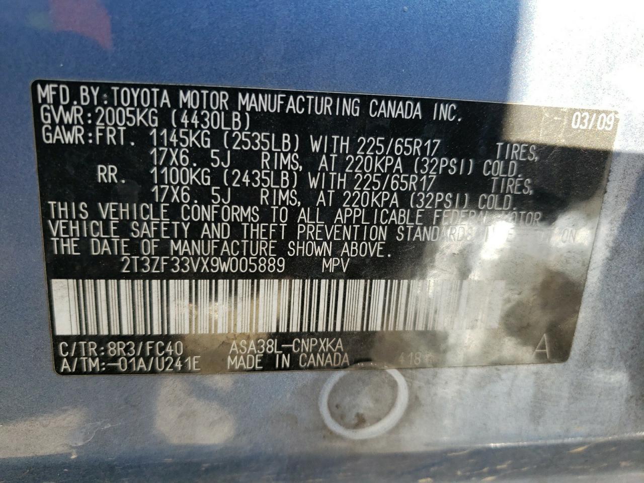 Photo 10 from auction – 2009 TOYOTA RAV4 with VIN 2T3ZF33VX9W005889
