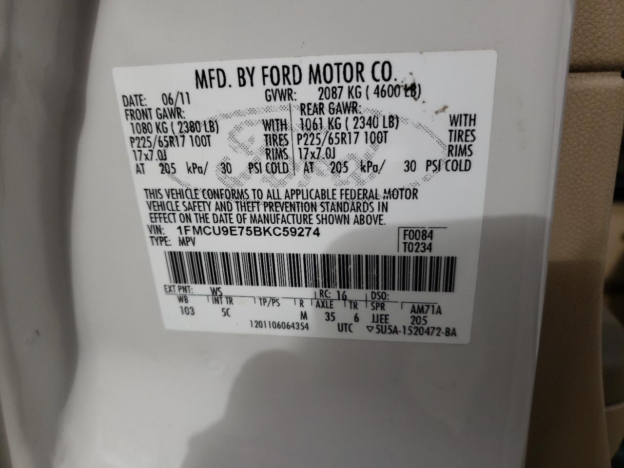 Photo 10 from auction – 2011 FORD ESCAPE LIM with VIN 1FMCU9E75BKC59274