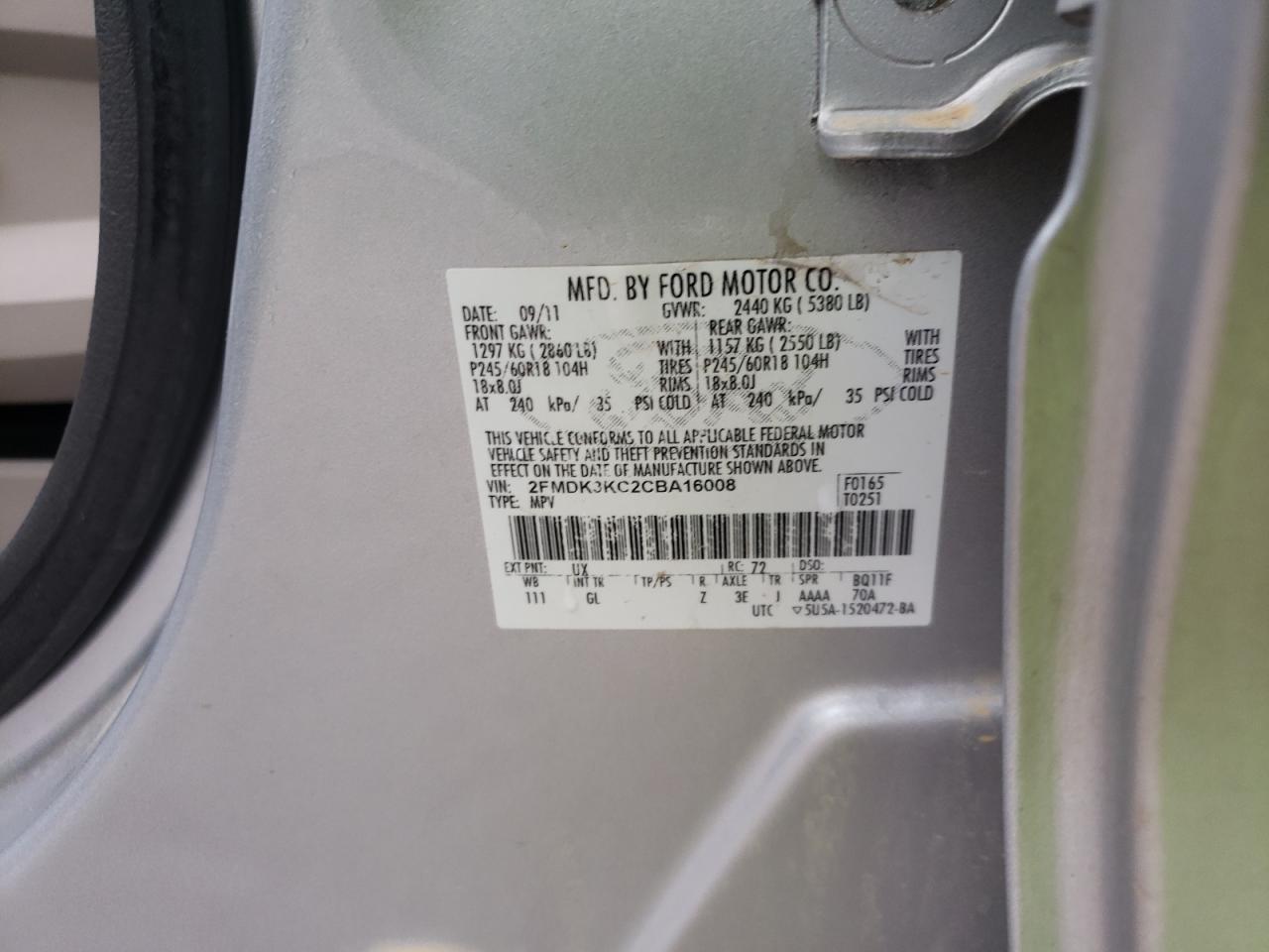Photo 10 from auction – 2012 FORD EDGE LIMIT with VIN 2FMDK3KC2CBA16008