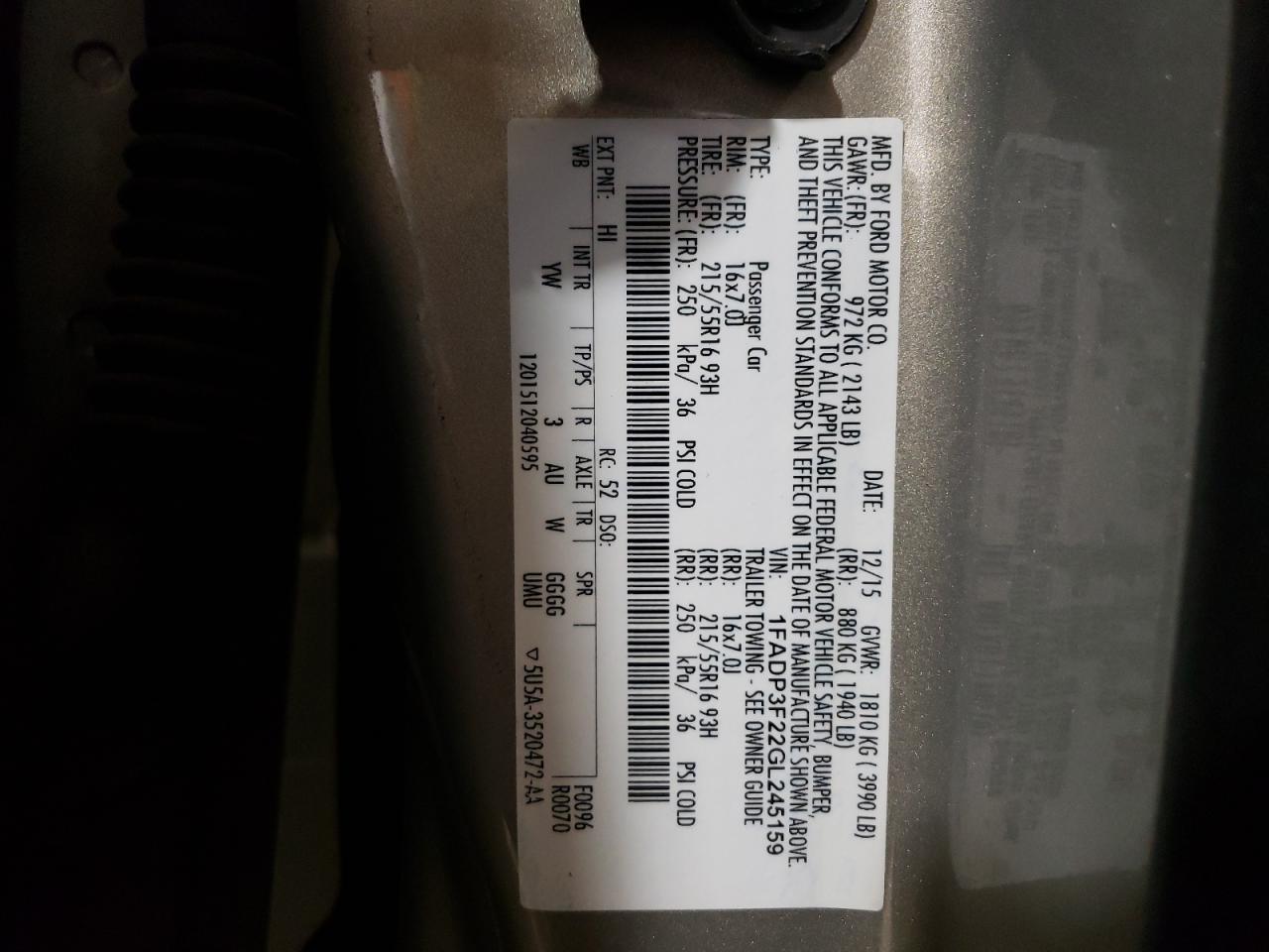 Photo 10 from auction – 2016 FORD FOCUS SE with VIN 1FADP3F22GL245159