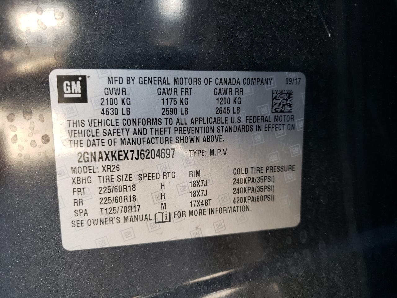 Photo 10 from auction – 2018 CHEVROLET EQUINOX LT with VIN 2GNAXKEX7J6204697