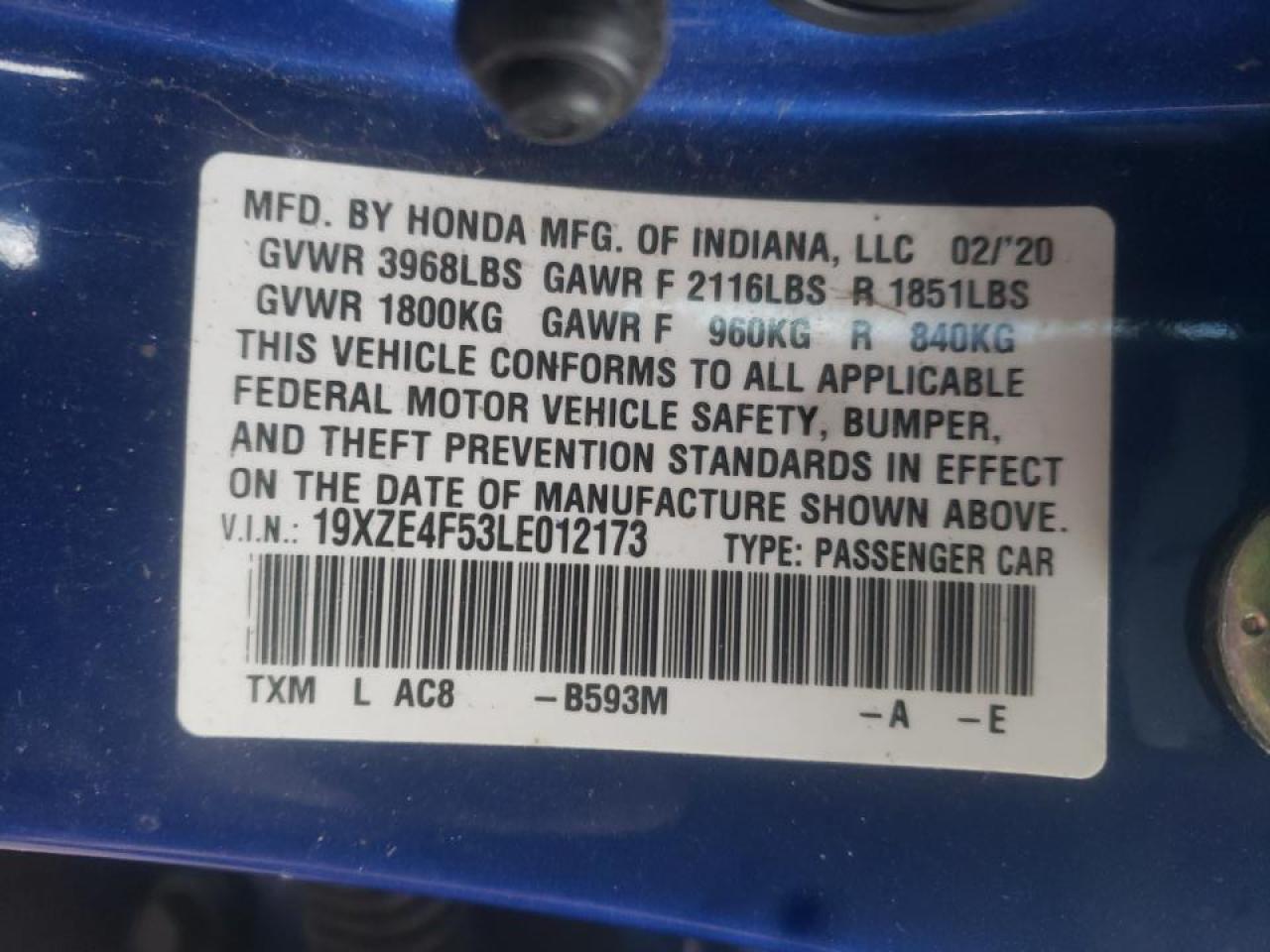 Photo 10 from auction – 2020 HONDA INSIGHT EX with VIN 19XZE4F53LE012173