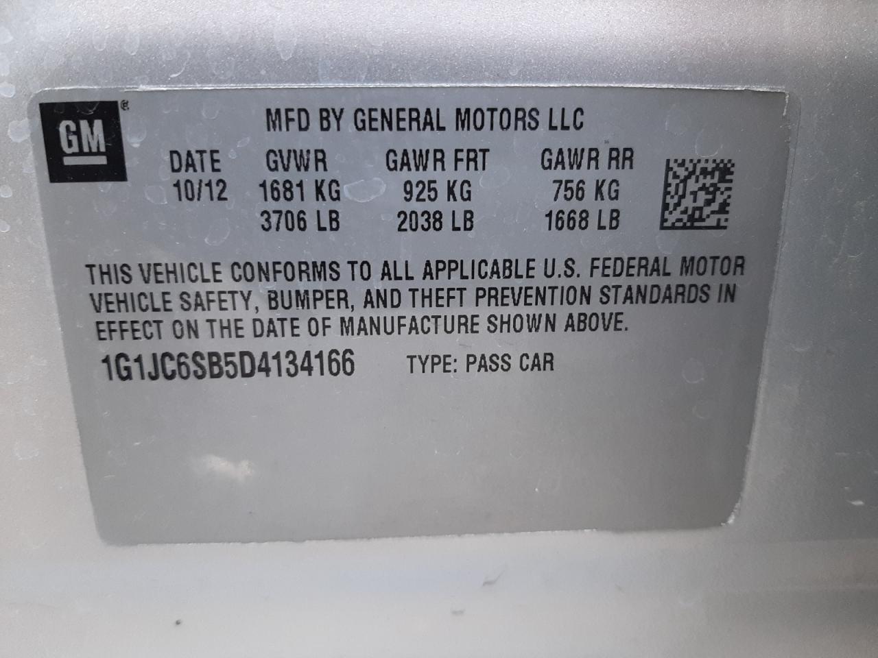 Photo 10 from auction – 2013 CHEVROLET SONIC LT with VIN 1G1JC6SB5D4134166